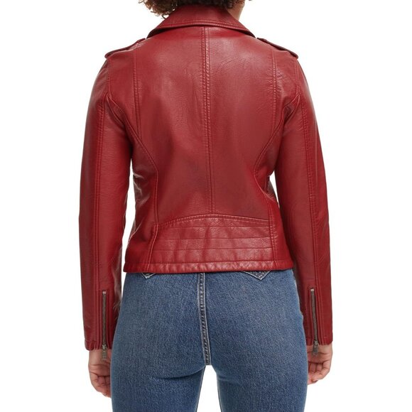 Women's The Classic Faux Leather Moto Jacket Font Full Zipper Deep Cherry Red - Picture 4 of 5